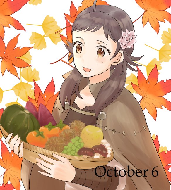 1girl autumn autumn_leaves basket brown_eyes brown_hair collared_cloak fire_emblem fire_emblem_fates flower food freckles hair_flower hair_ornament holding holding_basket leaf mozu_(fire_emblem) mushroom nintendo ouzisamafe pumpkin solo vegetable wrist_guards