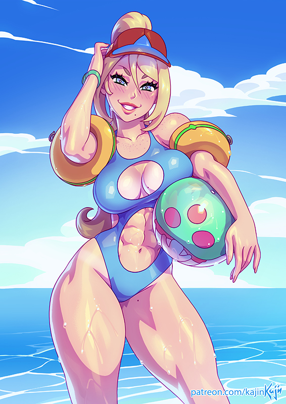 1girl abs ball baseball_cap beachball beagle bikini_tan blonde_hair blue_eyes blue_one-piece_swimsuit blush body_freckles breast_lift breasts cleavage cleavage_cutout clothing_cutout collarbone contrapposto day female_focus freckles grin hair_between_eyes hat high_ponytail inflatable_armbands kajin_(kajinman) large_breasts lips looking_at_viewer metroid mole mole_on_breast mole_on_thigh mole_under_mouth navel navel_cutout nintendo ocean one-piece_swimsuit ponytail red_hat samus_aran sky smile solo swimsuit tan tanline thick_thighs thighs visor_cap water wet