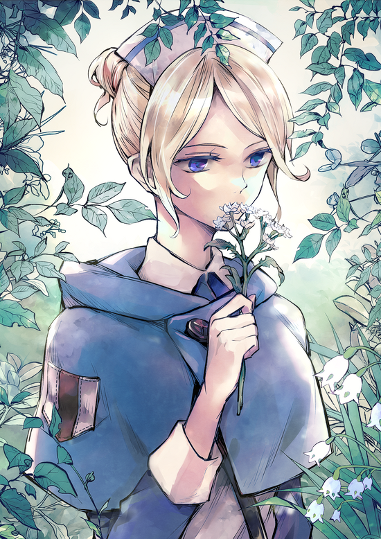 1girl blonde_hair blue_capelet blue_eyes blue_pupils capelet castti_florenz commentary_request eyelashes flower grel_(r6hgvu5) hat holding holding_flower nurse_cap octopath_traveler octopath_traveler_ii outdoors parted_bangs solo standing