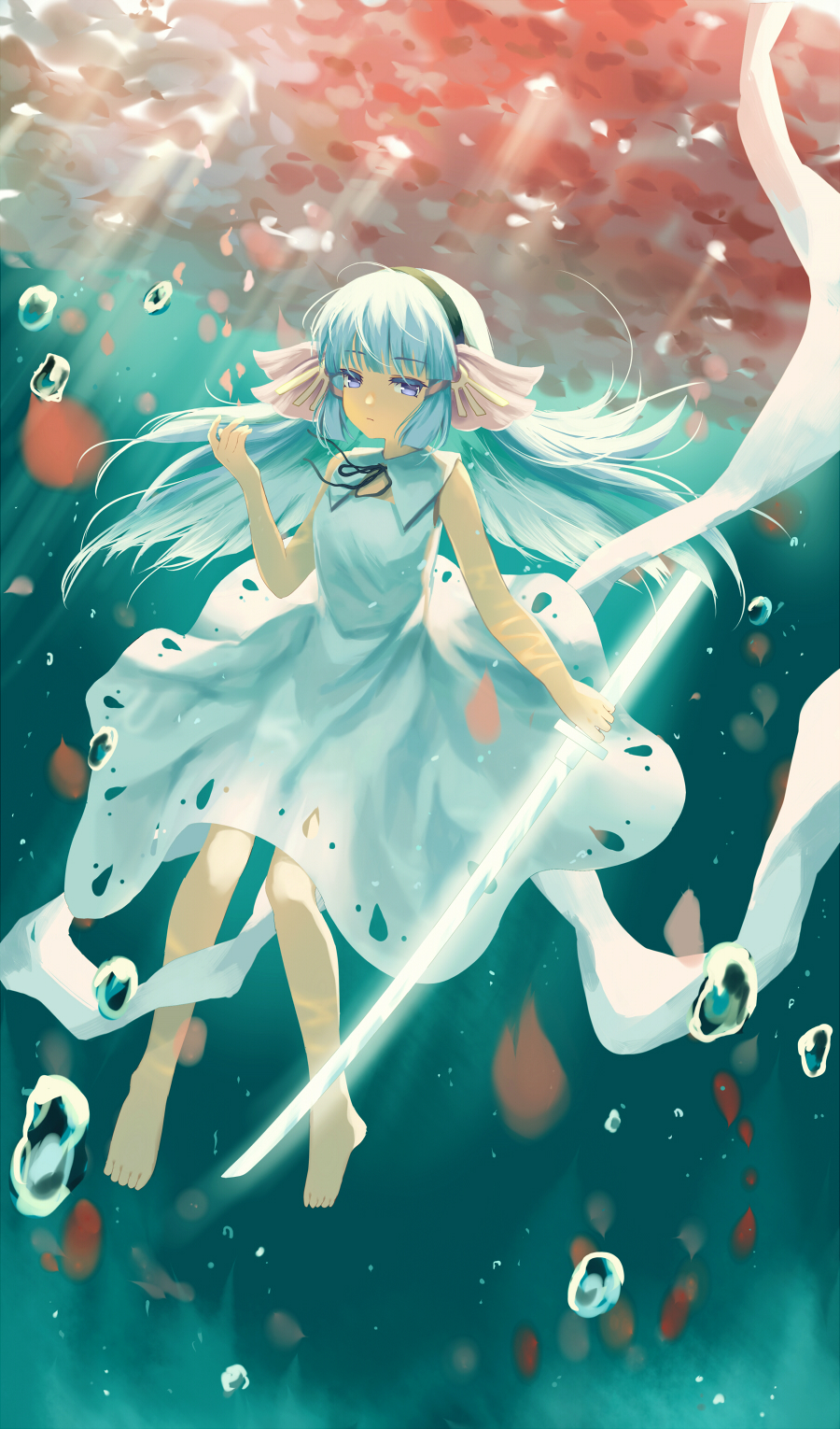 1girl akinomiya_asuka barefoot black_hairband black_ribbon blue_hair blunt_bangs bubble closed_mouth colored_eyelashes commentary_request detached_collar dress hair_ribbon hairband highres light_blue_hair light_frown long_hair neck_ribbon original pink_ribbon purple_eyes ribbon riverbed_soul_saver solo suitenguu_no_himemiko touhou underwear white_dress