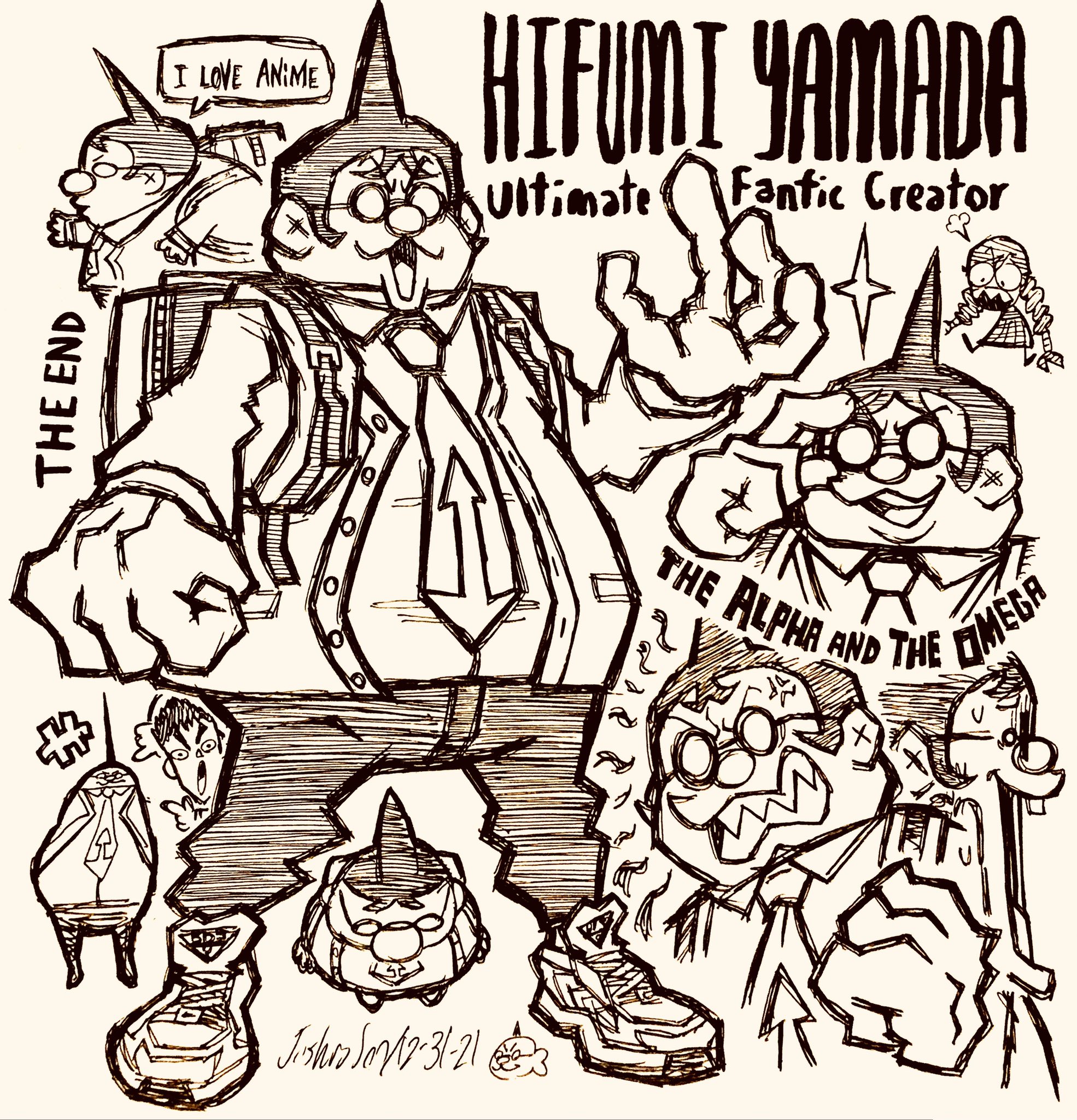 +++ 1girl 2boys :3 adjusting_eyewear anger_vein backpack bag braid character_name clenched_hand collared_shirt danganronpa:_trigger_happy_havoc danganronpa_(series) dated doodle_inset english_text fat fat_man from_side fukawa_toko full_body glasses greyscale hand_up hatching_(texture) highres ishimaru_kiyotaka jacket jaw_drop josh-s26 large_hands long_hair long_sleeves male_focus monochrome multiple_boys multiple_views necktie opaque_glasses open_clothes open_jacket open_mouth pants puff_of_air round_eyewear sharp_teeth shirt shoes short_hair signature simple_background speech_bubble standing sweat teeth twin_braids twintails white_background yamada_hifumi