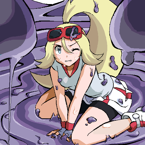 1girl blonde_hair blue_eyes gen_1_pokemon gomatarou_(pixiv196136) gym_leader korrina_(pokemon) lowres muk nintendo pokemon pokemon_(creature) pokemon_xy ponytail slime sunglasses wince