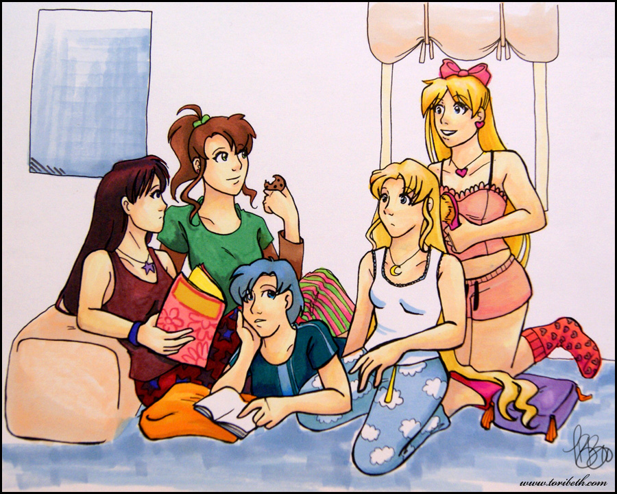 5girls aino_minako artist_request bishoujo_senshi_sailor_moon blonde_hair blue_eyes blue_hair blue_pants bow braiding_hair brown_hair camisole cloud_print collarbone cookie crescent crescent_collar cushion feet_out_of_frame food frilled_tank_top green_shirt hair_bow hair_undone hairdressing heart_collar hino_rei kino_makoto lying magazine_(object) mizuno_ami multiple_girls on_stomach painting_(medium) pajama_pants pajamas pants pink_camisole pink_socks ponytail print_pants red_hair red_tank_top shirt short_shorts shorts sleepover sleepwear socks star_(symbol) star_print t-shirt tank_top traditional_media tsukino_usagi watercolor_(medium) white_tank_top