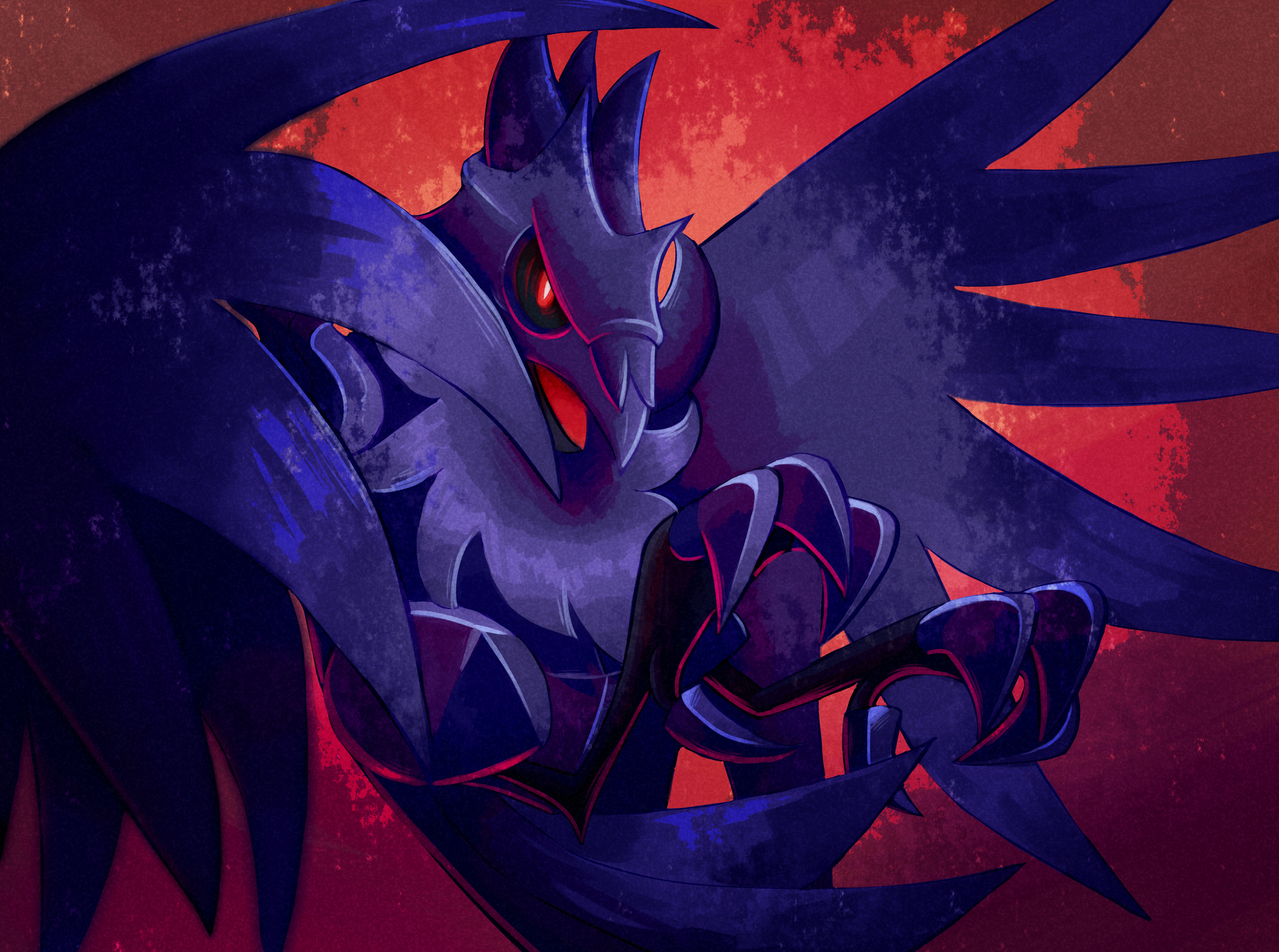abstract_background animal_focus bird black_sclera bright_pupils chest_fluff colored_sclera commentary corviknight crow dynamic_pose english_commentary evilsonic2 flying foreshortening frown full_body gen_8_pokemon glowing glowing_eyes highres looking_at_viewer metal metal_skin midair nintendo no_humans open_mouth pokemon pokemon_(creature) red_background red_eyes red_light slit_pupils solo spread_wings talons three_quarter_view tongue vignetting white_pupils