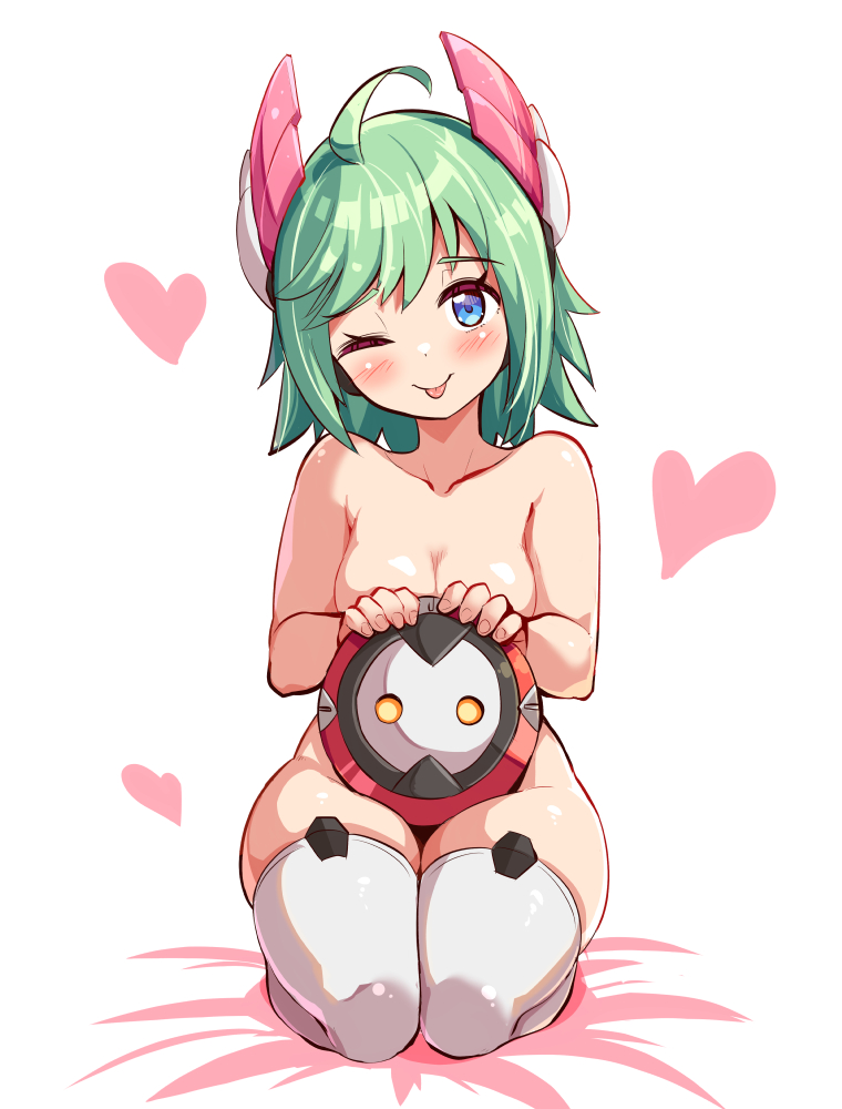 1girl azure_striker_gunvolt azure_striker_gunvolt_2 blue_eyes blush breasts cougar_(cougar1404) full_body green_hair headgear heart kneeling medium_breasts nude one_eye_closed roro_(combat_pod)_(gunvolt) roro_(gunvolt) simple_background smile thighhighs tongue tongue_out white_background white_thighhighs