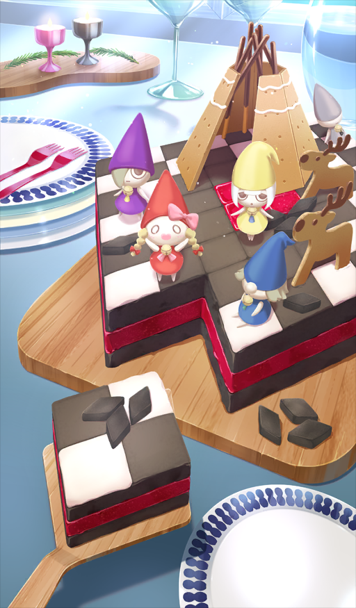 cake candle cocktail_glass commentary_request cup diamond_(shape) drink drinking_glass fate/grand_order fate_(series) figure food food_art food_focus fork no_humans official_art ono_no_komachi_koken-shou plate reindeer still_life teepee third-party_source xxxxay