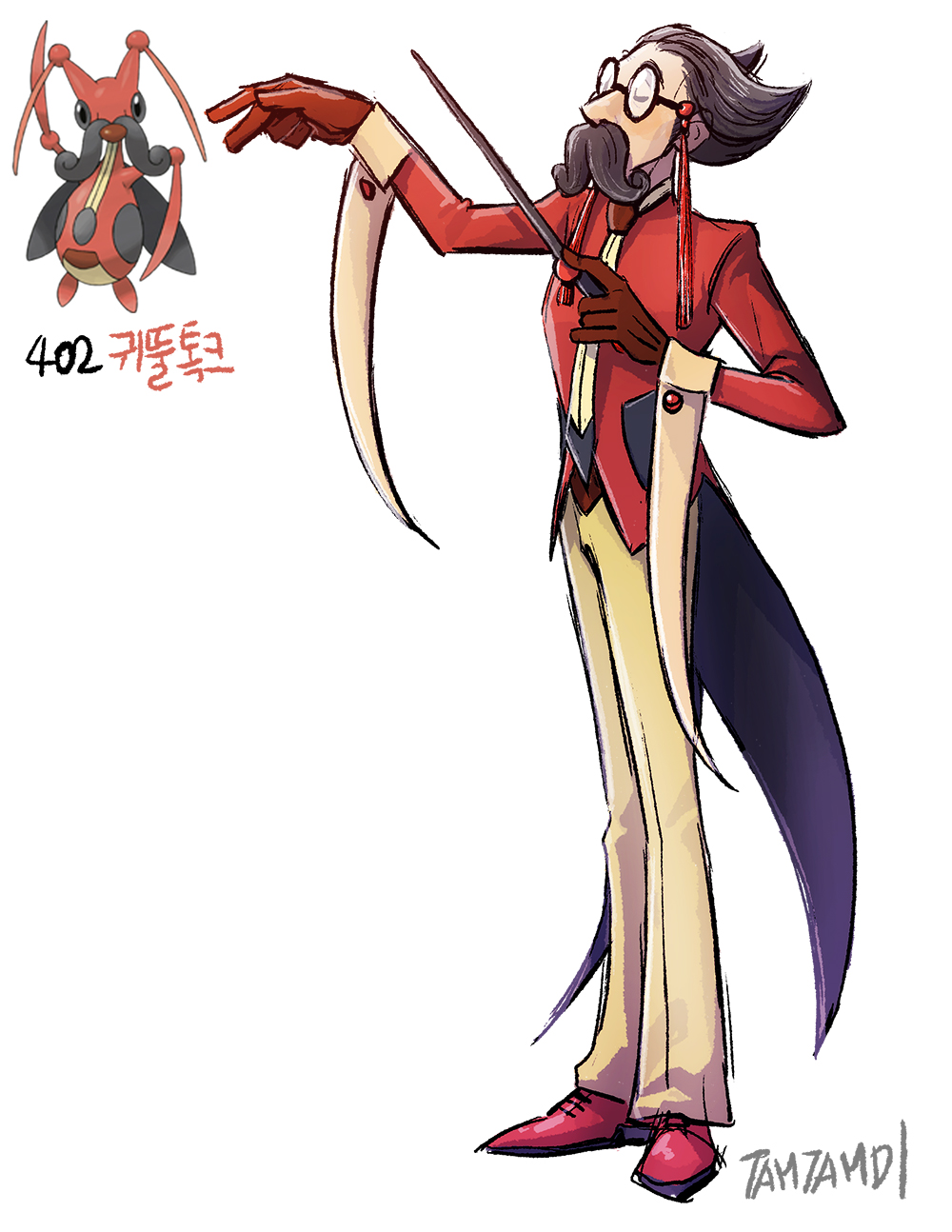 1boy arm_up artist_name black_hair brown_pants closed_eyes conductor conductor_baton facial_hair full_body game_freak gen_4_pokemon glasses gloves handlebar_mustache highres holding_baton jacket korean_commentary kricketune long_sleeves male_focus mustache nintendo pants pokemon pokemon_(creature) red_footwear red_gloves red_jacket reference_inset shoes simple_background standing tamtamdi translated white_background