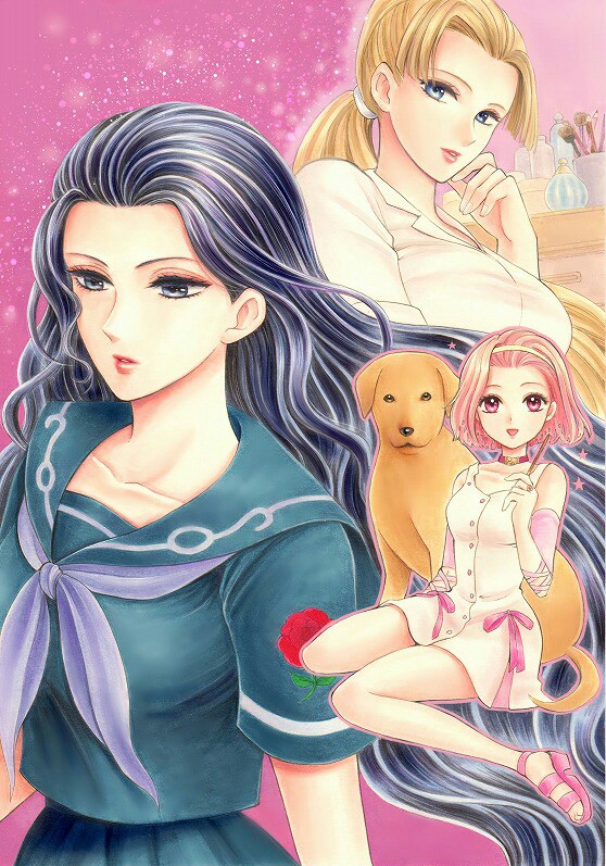 3girls arm_warmers arnold_(jojo) black_eyes black_hair blue_eyes breasts brown_hair brush choker collarbone dog dress flower food hairband jojo_no_kimyou_na_bouken jyan_borii large_breasts multiple_girls pencil pink_dress pink_eyes pink_hair pocky ponytail rose sandals school_uniform serafuku sitting sugimoto_reimi tsuji_aya yamagishi_yukako yokozuwari