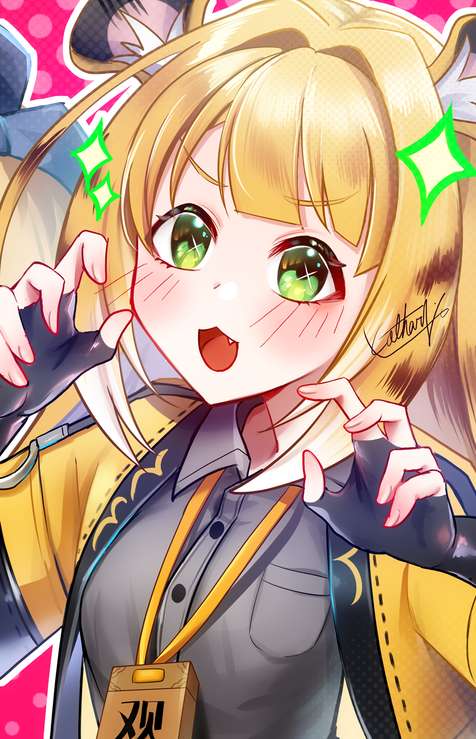1girl animal_ear_fluff animal_ears blonde_hair gloves green_eyes highres jacket ju_fufu kataru_(ktr_20) long_hair looking_at_viewer multicolored_hair shirt solo striped_fur striped_hair tiger_ears tiger_girl zenless_zone_zero