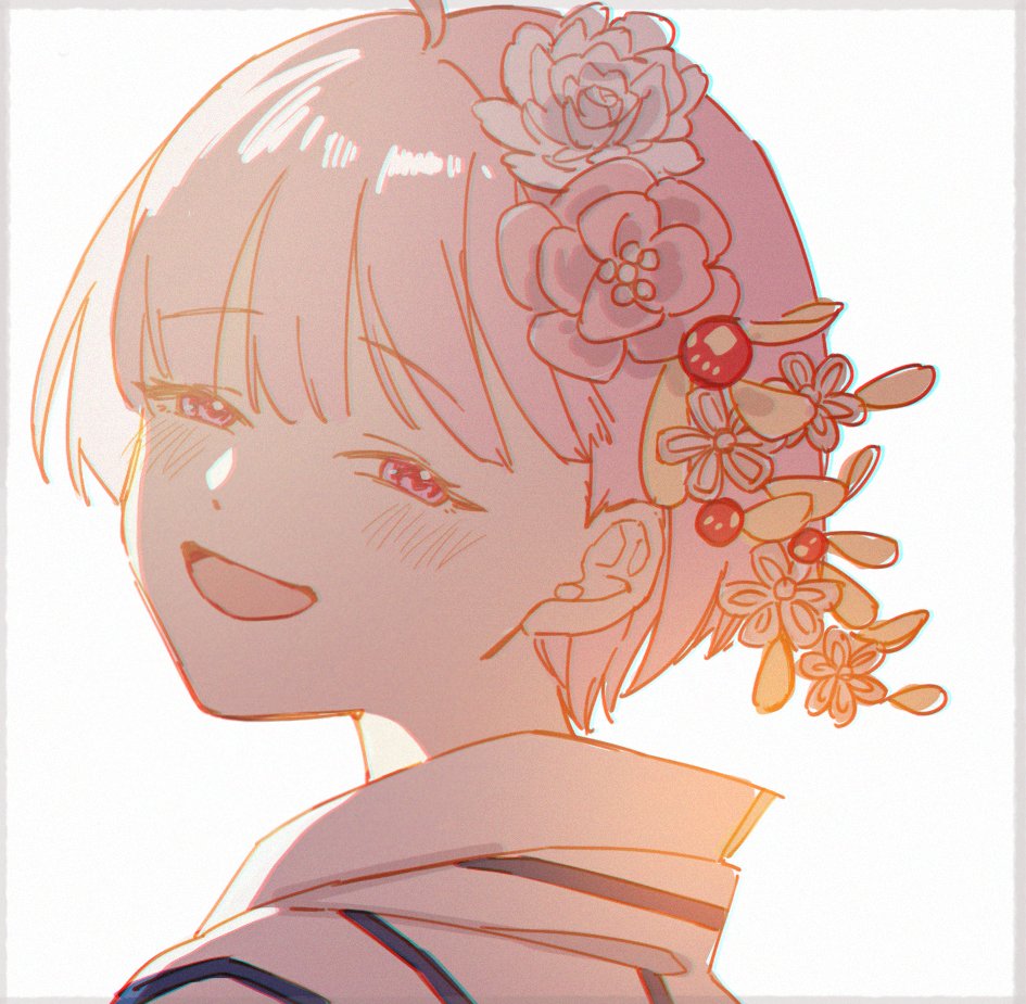 1girl ahoge flower hair_flower hair_ornament heaven_burns_red japanese_clothes kimono looking_at_viewer looking_back ooshima_minori portrait red_eyes red_hair short_hair solo wbon yukata