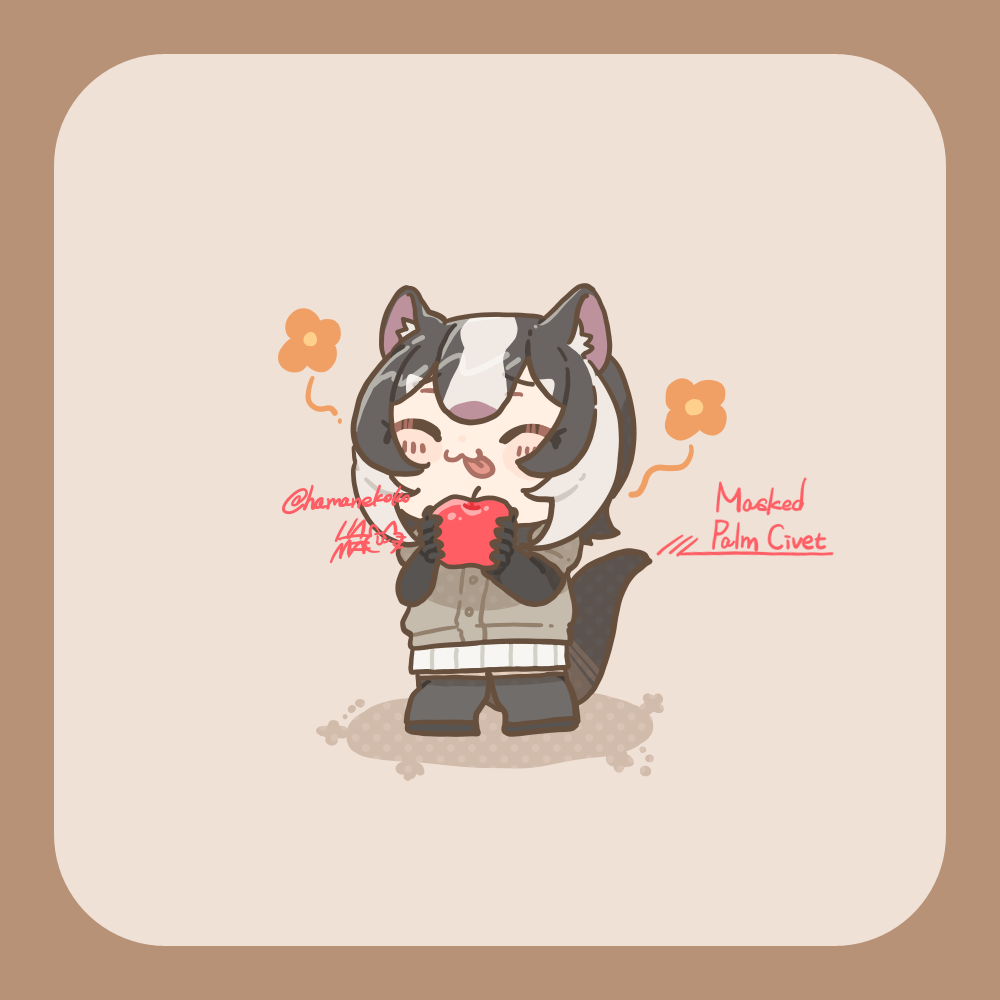 1girl :3 :p ^_^ animal_ears apple black_gloves black_hair blush_stickers border brown_border buttons character_name chibi chibi_only closed_eyes double-parted_bangs elbow_gloves food fruit full_body gloves hamanekoko hands_up happy holding holding_food holding_fruit kemono_friends kemono_friends_3 masked_palm_civet_(kemono_friends) multicolored_hair raised_inner_eyebrows short_sleeves skirt smile solo standing sweat tail thighhighs tongue tongue_out twitter_username two-tone_hair white_hair