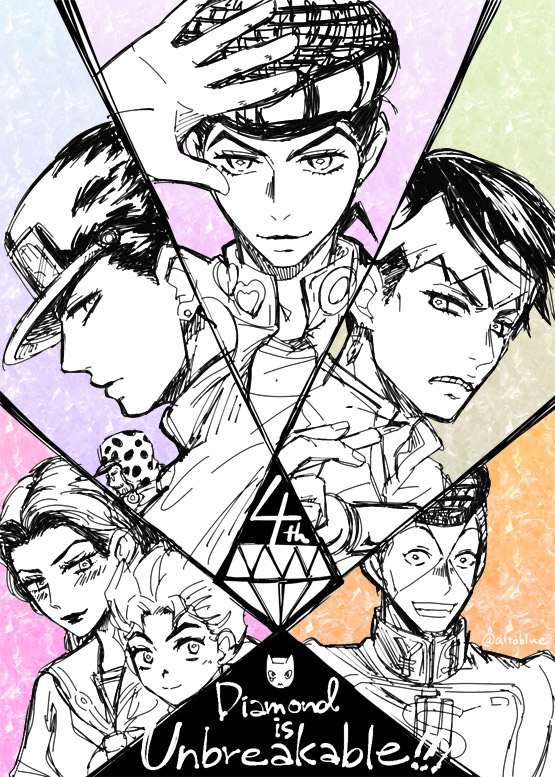 clenched_teeth commentary_request copyright_name diamond_wa_kudakenai dollar_sign earrings facial_mark frown gakuran greyscale_with_colored_background grin hat heart hirose_koichi hisohiso_(altoblue) holding holding_pen jewelry jojo_no_kimyou_na_bouken joseph_joestar joseph_joestar_(old) killer_queen kishibe_rohan kuujou_joutarou lipstick makeup nib_pen_(object) nijimura_okuyasu pen pompadour school_uniform serafuku signature smile stud_earrings teeth undercut yamagishi_yukako yen_sign