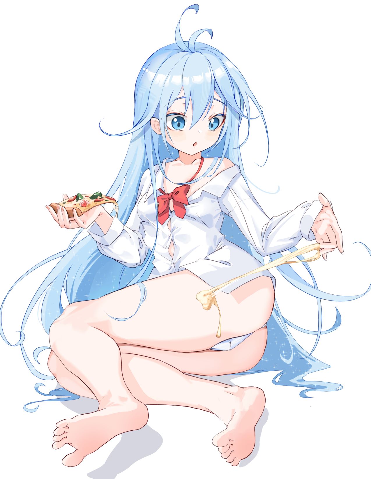 1girl antenna_hair ass barefoot blue_eyes blue_hair bow bowtie button_gap cheese cheese_trail collared_shirt denpa_onna_to_seishun_otoko eason870408 feet food full_body hair_spread_out highres holding holding_food knees_together_feet_apart legs long_hair long_sleeves looking_down lying off_shoulder on_side open_mouth panties pizza pizza_slice shirt soles solo spread_toes toes touwa_erio underwear undone_bowtie very_long_hair