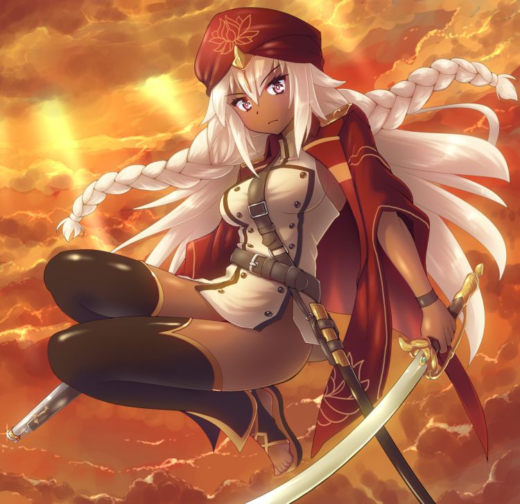 1girl asymmetrical_dual_wielding belt black_thighhighs bottomless braid breasts cape cloud cloudy_sky commentary_request dark-skinned_female dark_skin dual_wielding fate/grand_order fate_(series) female_focus gun hair_between_eyes holding holding_gun holding_sword holding_weapon jumping kasabou lakshmibai_(fate) light_frown long_hair looking_at_viewer medium_breasts musket no_panties purple_eyes red_cape red_headwear sandals scabbard sheath shirt shoulder_strap side_braids sky solo sunset sword thighhighs thighs toeless_legwear turban twin_braids very_long_hair weapon white_hair white_shirt wristband
