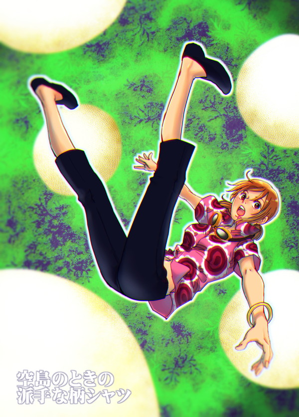 1girl black_footwear black_shorts blurry_border bracelet commentary_request cosplay falling goggles goggles_around_neck jewelry kuri_(pienu) nami_(one_piece) one_piece open_mouth orange_hair pink_shirt sanji_(one_piece) sanji_(one_piece)_(cosplay) shirt short_sleeves shorts sidelocks solo translation_request twintails