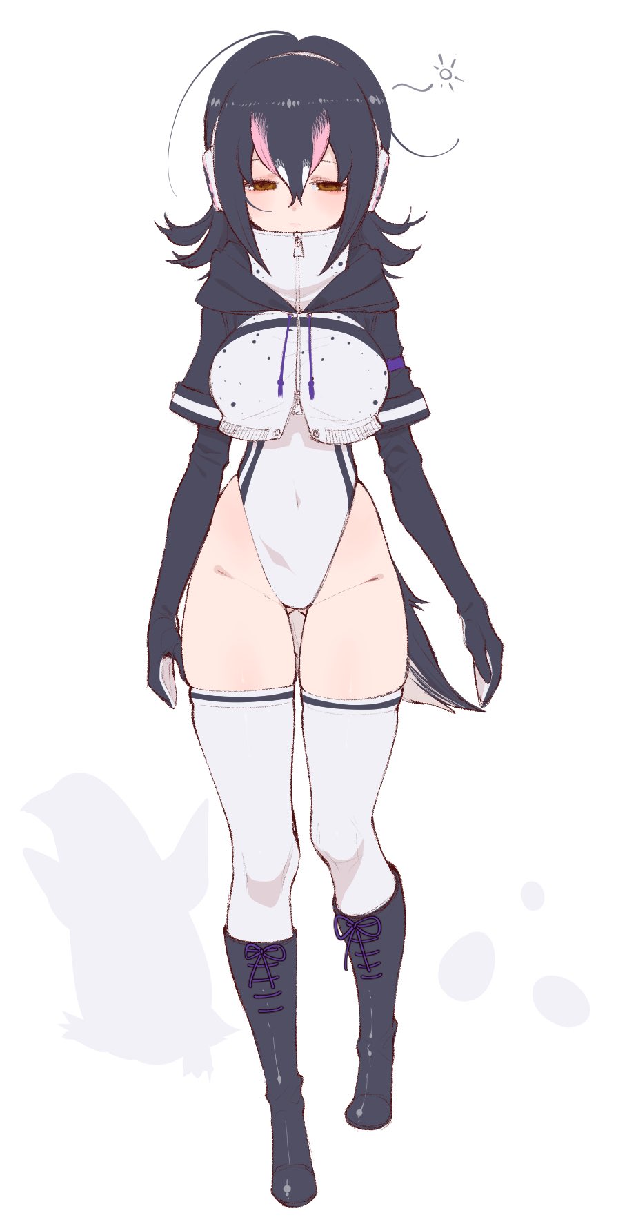 1girl black_boots black_hair black_jacket boots breasts brown_eyes closed_mouth cropped_jacket elbow_gloves full_body gloves hair_between_eyes half-closed_eyes headphones highleg highleg_leotard highres humboldt_penguin_(kemono_friends) jacket kemono_friends knee_boots large_breasts leotard looking_down medium_hair multicolored_hair multicolored_jacket notora penguin_girl penguin_tail pink_hair simple_background skindentation sleepy solo tail thighhighs two-tone_jacket walking white_background white_jacket white_leotard white_thighhighs zipper