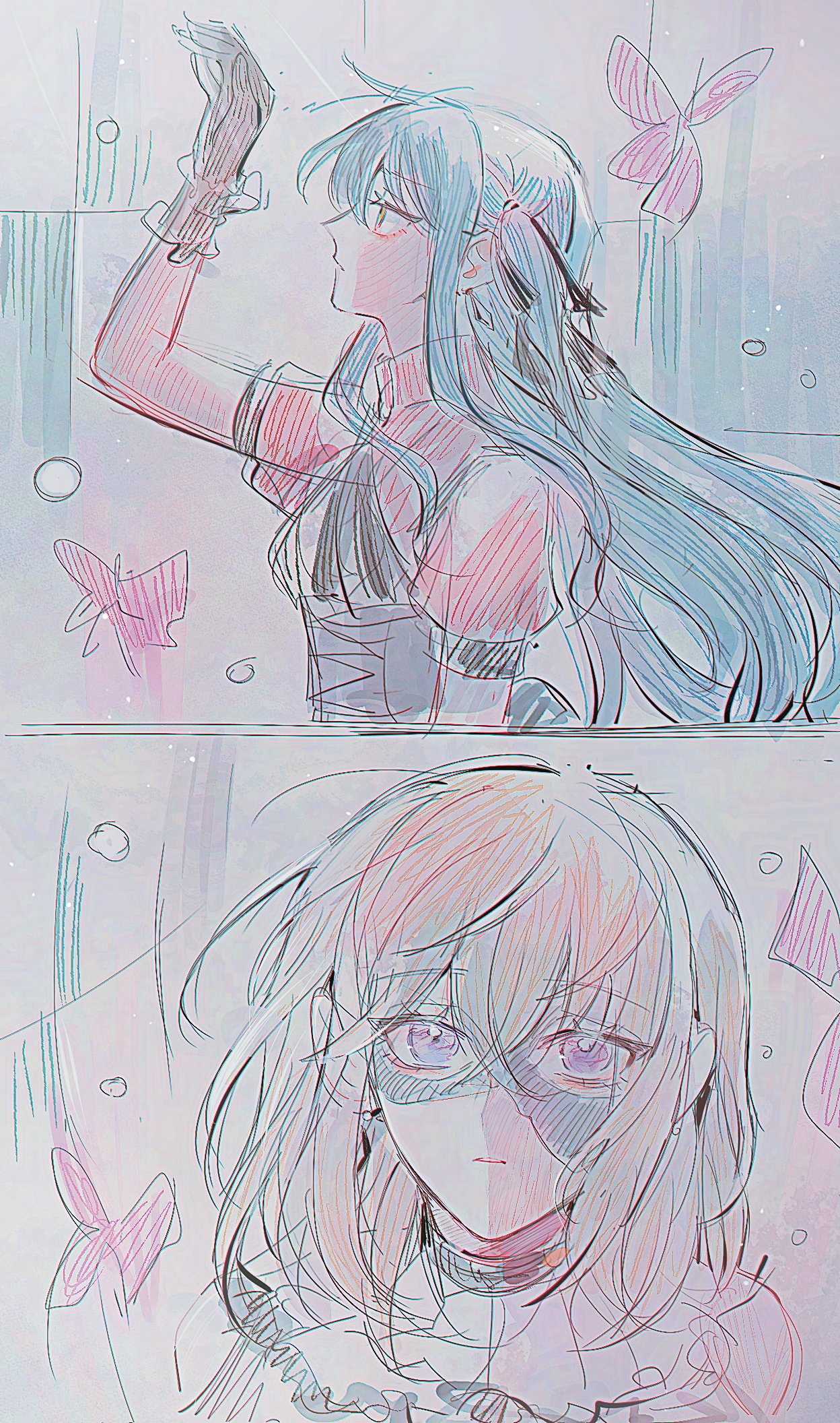 2girls arm_up bang_dream! bang_dream!_it's_mygo!!!!! black_corset black_gloves black_ribbon blonde_hair blue_hair bug butterfly clothing_cutout corset doloris_(bang_dream!) gloves hair_between_eyes hair_ribbon highres insect long_hair maybecrosswise medium_hair misumi_uika multiple_girls oblivionis_(bang_dream!) purple_eyes red_shirt ribbon shirt shoulder_cutout togawa_sakiko yellow_eyes