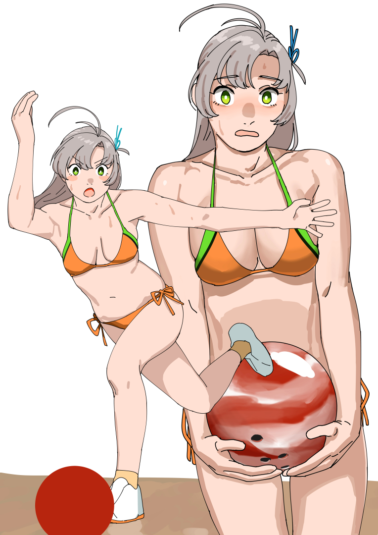 1girl anime_girl_throwing_things_(meme) antenna_hair ball bikini bowling bowling_ball breasts cleavage collarbone cowboy_shot full_body green_eyes grey_hair kantai_collection kinugasa_(kancolle) kinugasa_kai_ni_(kancolle) medium_breasts meme multicolored_bikini multiple_views ojipon orange_bikini side-tie_bikini_bottom simple_background swimsuit two-tone_bikini white_background white_footwear
