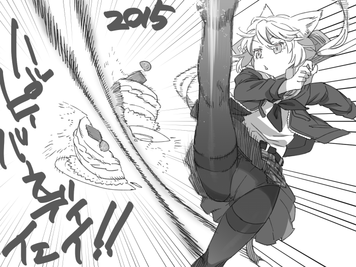 1girl animal_ears belt cake cat_ears cat_girl cat_tail cutting emphasis_lines feet_out_of_frame floating_hair food gluteal_fold greyscale happy_birthday hood hood_down hoodie kicking leg_up long_hair long_sleeves low_twintails monochrome motion_lines neckerchief open_clothes open_hoodie original panties panties_under_pantyhose pantyhose parted_lips pine-chan_ver._1 pine_(pine-box) plaid_clothes plaid_skirt pleated_skirt shirt skirt solo tail twintails underwear