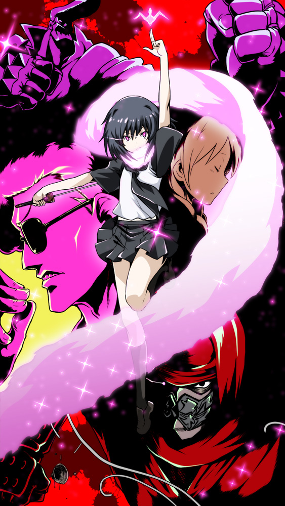 10s 2girls 3boys black_hair black_skirt fingerless_gloves fujikido_kenji gloves hisari_(ninja_slayer) katana kneehighs loafers mask miniskirt multiple_boys multiple_girls ninja_slayer origami paper_crane pink_eyes pleated_skirt pompadour scarf school_uniform serafuku shoes short_hair short_sleeves skirt socks sonic_boom_(ninja_slayer) standing standing_on_one_leg suicide_(ninja_slayer) sunglasses sword tabigarasu weapon yamoto_koki