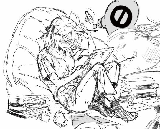 2girls anisphia_wynn_palettia blush book book_stack closed_eyes commentary_request euphyllia_magenta holding holding_book holding_pen koyomania medium_hair multiple_girls pants parted_lips pen speech_bubble tensei_oujo_to_tensai_reijou_no_mahou_kakumei thought_bubble used_tissue