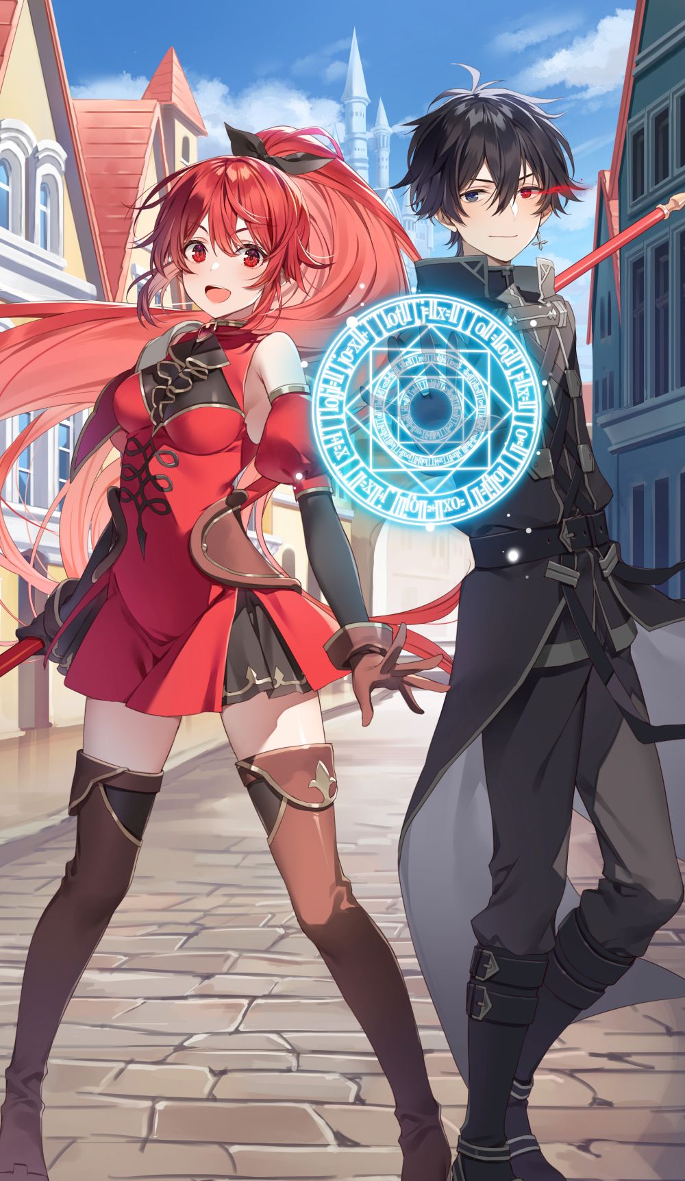 1boy 1girl :d ars_(munou_to_iware_tsuzuketa_madoushi) black_coat black_eyes black_hair blue_magic_circle boots bow brick_floor castle coat cover cover_page detached_sleeves dress eye_trail gloves hair_bow highres holding holding_polearm holding_weapon house karen_(munou_to_iware_tsuzuketa_madoushi) knee_boots light_trail long_hair magic_circle magic_circle_floating_ahead_hand mmu munou_to_iware_tsuzuketa_madoushi_jitsu_wa_sekai_saikyou_nanoni_yuuhei_sareteita_node_jikaku_nashi novel_cover official_art open_mouth polearm ponytail puffy_sleeves red_eyes red_hair see-through_clothes short_hair sleeveless sleeveless_dress smile standing thigh_boots weapon