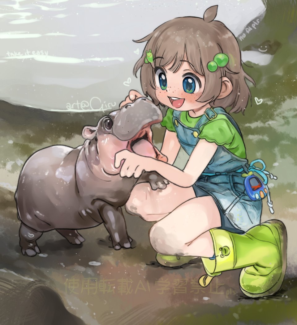 1girl ahoge artist_name belt blue_overalls boots brown_hair freckles girutea grass green_footwear green_shirt headpat heart hippopotamus house_hippo indie_virtual_youtuber lily_hopkins moo_deng open_mouth overalls petting pygmy_hippopotamus shirt short_hair shorts smile squatting tamagotchi virtual_youtuber