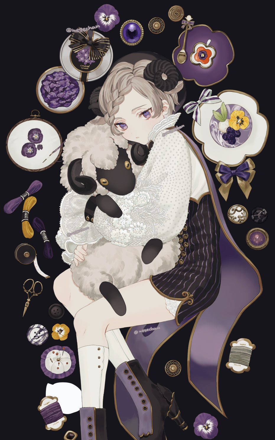 1boy animal animal_hug artist_name black_hat boots braid buttons commentary flower hat high_heel_boots high_heels highres horns kneehighs male_focus mege_(megechan) original parted_lips pin purple_eyes purple_flower scissors sheep_boy sheep_horns short_hair short_shorts shorts single_braid socks spoon stuffed_animal stuffed_toy