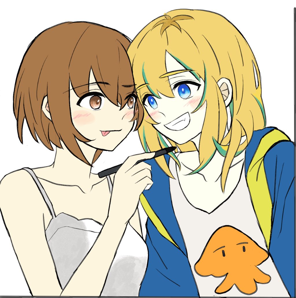 2girls blonde_hair blue_eyes blue_jacket blush brown_eyes brown_hair camisole clenched_teeth closed_mouth collarbone commentary eye_contact fang green_hair hair_between_eyes holding holding_stylus hood hood_down hooded_jacket jacket kouzuki_mahiru long_hair looking_at_another momokan_1209 multicolored_hair multiple_girls open_clothes open_jacket open_mouth shirt short_hair sidelocks simple_background spaghetti_strap streaked_hair stylus teeth tongue tongue_out upper_body white_background white_camisole white_shirt yamanouchi_kano yoru_no_kurage_wa_oyogenai yuri