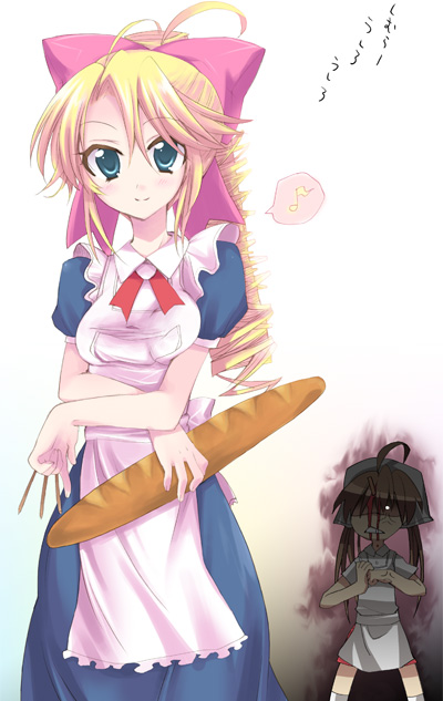 00s 2girls angry antenna_hair apron baguette blonde_hair blood bow bread breasts facing_viewer feet_out_of_frame food gradient_background hair_bow kannazuki_megumi looking_at_viewer medium_breasts multiple_girls musical_note muteki_kanban_musume non-web_source nosebleed onimaru_miki pink_bow puffy_short_sleeves puffy_sleeves short_sleeves simple_background speech_bubble spoken_musical_note white_apron