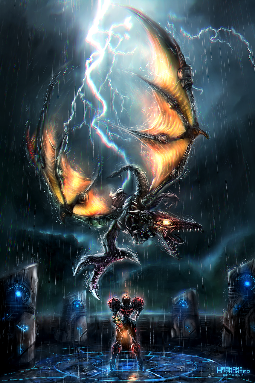 arm_cannon armor attack claws cloud cloudy_sky flying glowing glowing_eyes hand_on_own_hip highres lightning looking_up mechanical_tail mechanical_wings meta_ridley metroid metroid_prime metroid_prime_1 nate_horsfall nintendo phazon_suit power_armor power_suit_(metroid) rain ridley samus_aran sharp_teeth sky tail teeth weapon wings