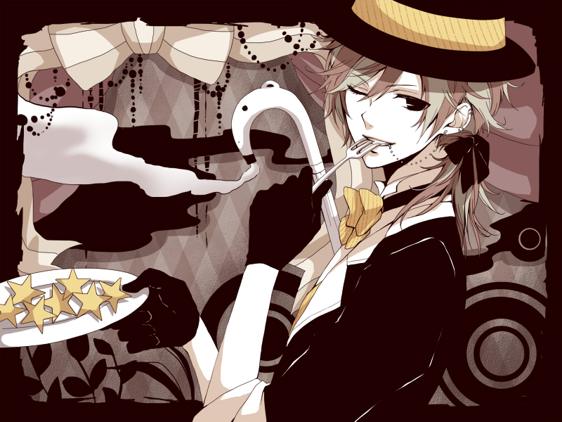 1boy arms_up bad_id bad_pixiv_id black_eyes blonde_hair bow bowtie brown_hair cane cloud colored_skin earrings eating flower fork formal_clothes gamu gloves grin hat holding holding_fork jewelry kagamine_len kagamine_len_(tricker) lip_piercing male_focus one_eye_closed piercing plate ponytail ribbon sleeves_rolled_up smile solo star_(symbol) top_hat vocaloid white_skin wink yumekui_shirokuro_baku_(vocaloid)