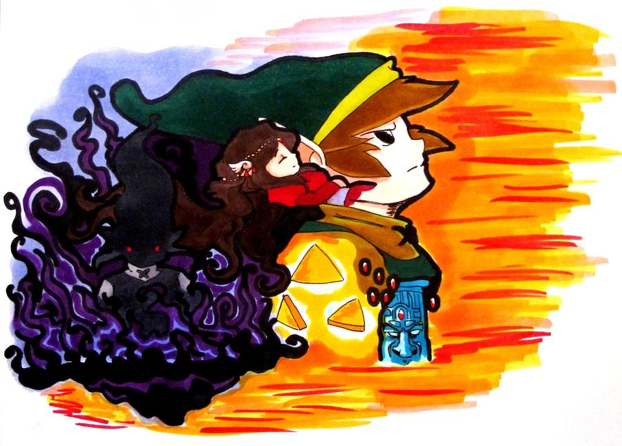 1girl 2boys angry brown_hair crystal dress elf hat link looking_at_viewer multiple_boys nintendo pointy_ears princess_zelda red_dress red_eyes shadow_link sidelocks sleeping statue the_legend_of_zelda triforce zelda_ii:_the_adventure_of_link