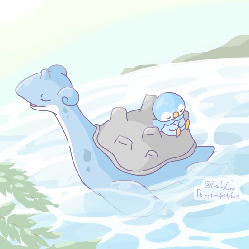 afloat animal_focus artist_name asakoline bird blue_skin blue_sky closed_eyes colored_skin commentary gen_1_pokemon gen_4_pokemon horizon lapras leaf nintendo no_humans open_mouth penguin piplup plesiosaur pokemon pokemon_(creature) shell sky symbol-only_commentary twitter_username water