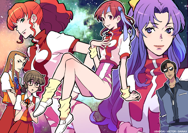 1boy 5girls amano_kazumi arm_support blue_eyes blue_hair bow brown_eyes brown_hair curly_hair earrings gainaxtop glasses green_eyes hair_ornament hairclip hand_on_own_hip hashii_chizu headband higuchi_kimiko invisible_chair jewelry jung_freud koichiro_ohta leg_warmers leotard long_hair looking_at_another looking_at_viewer loose_socks multiple_girls oota_kouichirou parted_bangs pleated_skirt ponytail purple_eyes purple_hair red_hair school_uniform serafuku sitting skirt smile socks space sunglasses takaya_noriko top_wo_nerae! top_wo_nerae!_(series) turtleneck whistle wristband