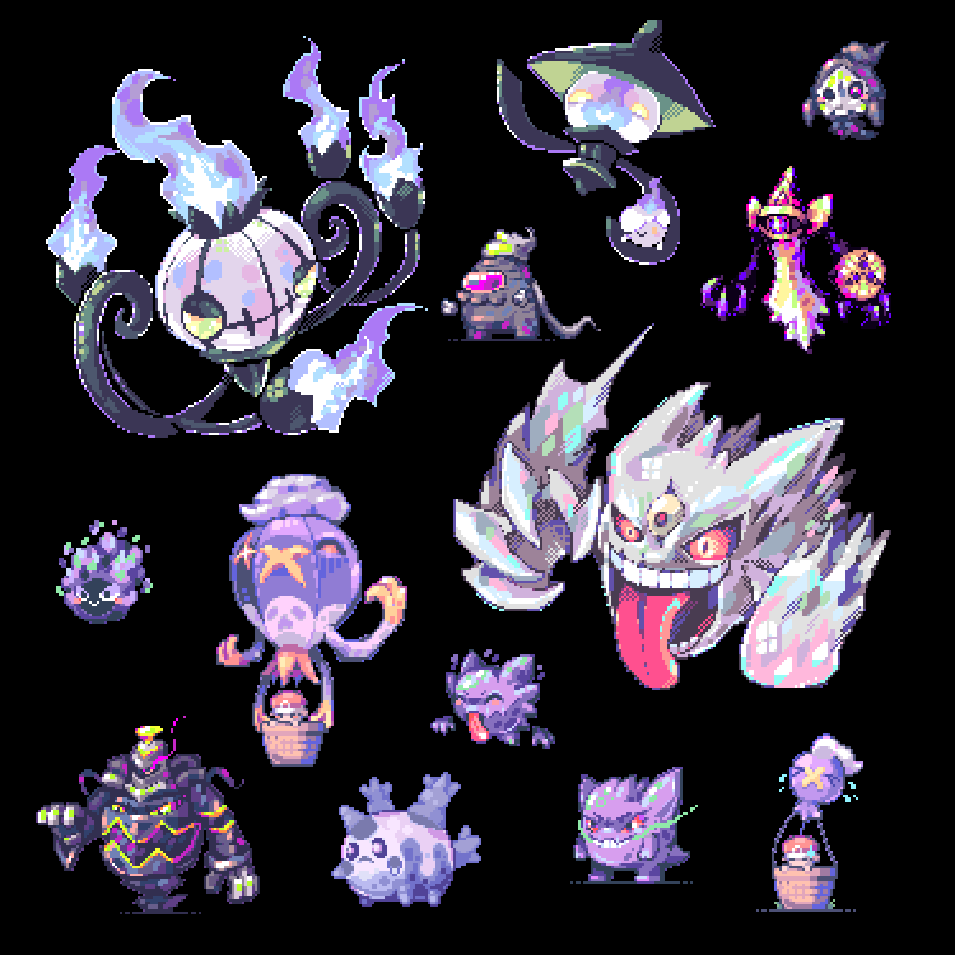 &gt;_&lt; ^_^ aegislash alternate_color among_us black_background chandelure claws closed_eyes commentary drifblim drifloon dusclops dusknoir duskull fire flying_sweatdrops galarian_corsola galarian_form gastly gen_1_pokemon gen_3_pokemon gen_4_pokemon gen_5_pokemon gen_6_pokemon gen_8_pokemon gengar haunter highres lampent mega_gengar mega_pokemon nintendo one-eyed pixel_art pokemon pokemon_(creature) pokemon_frlg purple_fire red_(pokemon) robin_(pixelated_robin) shiny_pokemon simple_background sweatdrop teeth third_eye tongue tongue_out yellow_eyes