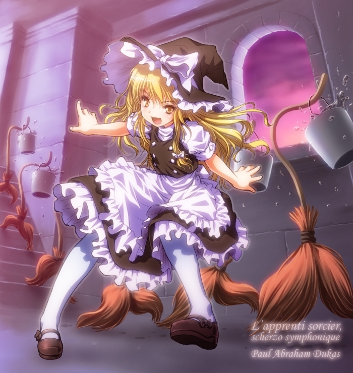 1girl apron blonde_hair bow broom bucket disney fantasia_(disney) female_focus hair_bow hat kirisame_marisa mary_janes mickey_mouse pantyhose parody rendo shoes solo the_sorcerer&#039;s_apprentice touhou water white_pantyhose witch witch_hat yellow_eyes