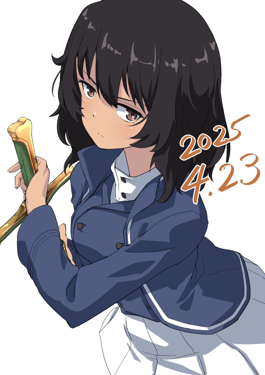 1girl andou_(girls_und_panzer) bc_freedom_military_uniform black_hair blush brown_eyes buchikaki closed_mouth dated girls_und_panzer highres looking_at_viewer medium_hair military_uniform solo