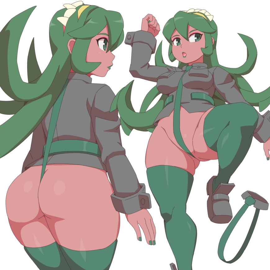 1girl ass between_breasts breasts butt_crack dark-skinned_female dark_skin fukua_(skullgirls) green_eyes green_hair green_lips green_nails kabeume long_hair multiple_views nail_polish necktie necktie_between_breasts open_mouth school_uniform skullgirls thighhighs thong wedgie white_background