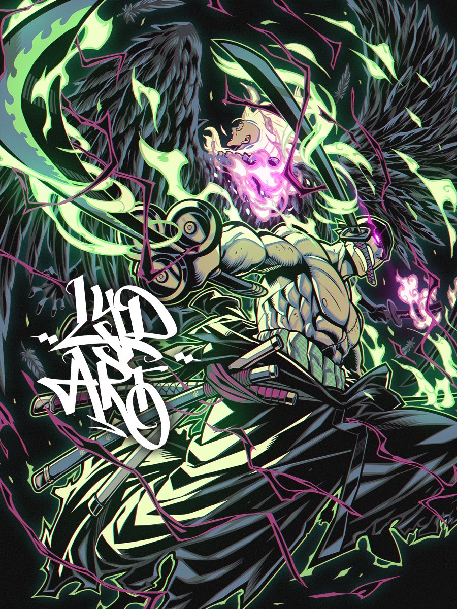 2boys artist_logo artist_name aura bandana black_feathers black_wings blonde_hair dark-skinned_male dark_skin feathered_wings feathers glowing glowing_eye green_hakama hakama haki_(one_piece) highres holding holding_sword holding_weapon japanese_clothes katana king_(one_piece) logo lydart_mclo male_focus mouth_hold multiple_boys muscular muscular_male one_piece purple_eyes roronoa_zoro signature sword topless_male triple_wielding weapon wings