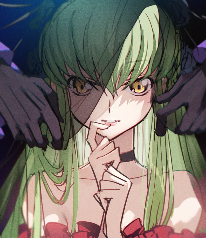 breasts c.c. cleavage clenched_hand collarbone creayus dress green_hair long_bangs long_hair looking_at_viewer open_mouth red_dress small_breasts solo_focus veil yellow_eyes