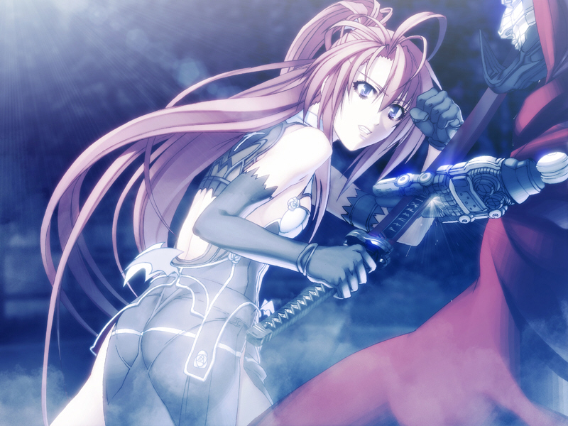 1boy 1girl cyborg fighting game_cg gloves ignis_(jingai_makyou) jingai_makyou katana long_hair nitroplus purple_eyes red_hair sword weapon