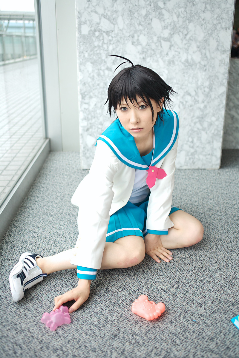 1girl ahoge asian blue_eyes chippi color_contacts cosplay crab female_focus highres idolmaster idolmaster_xenoglossia indoors kikuchi_makoto kikuchi_makoto_(cosplay) looking_at_viewer photo_(medium) school_uniform serafuku short_hair solo