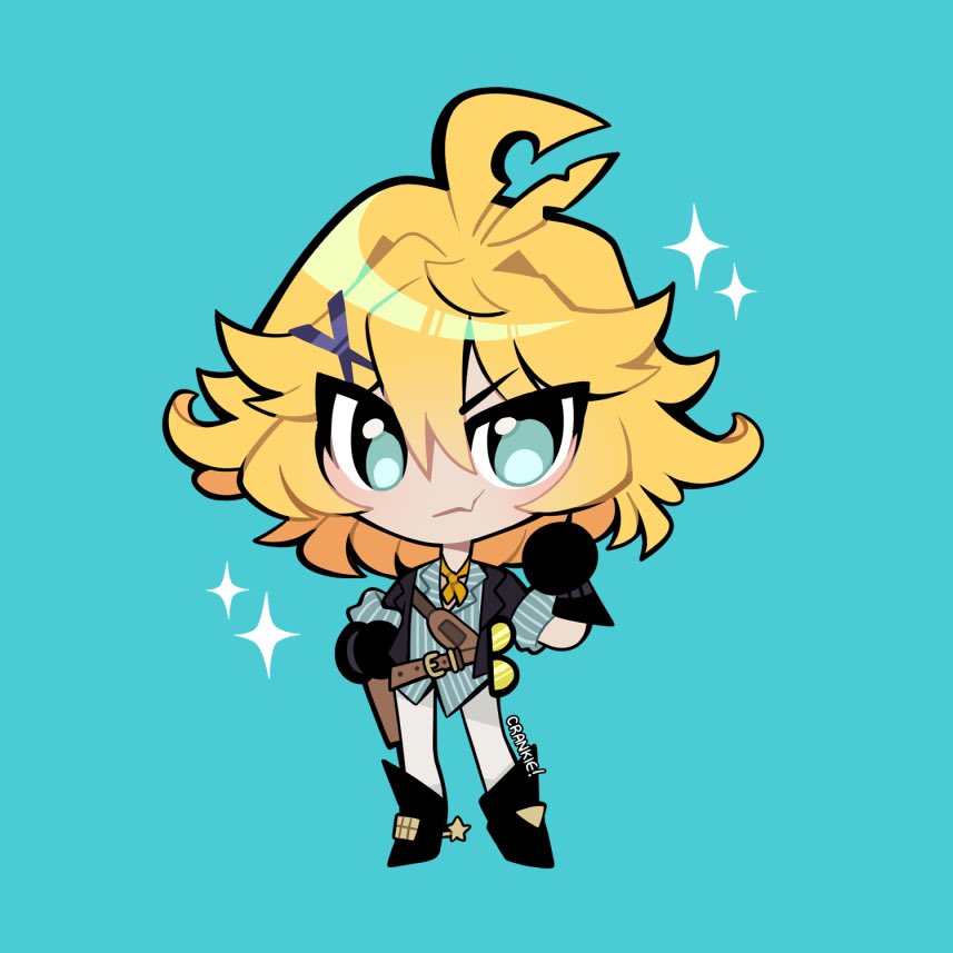 1girl ahoge aqua_background aqua_eyes aqua_shirt artist_name belt black_boots black_gloves black_jacket boots brown_belt chibi closed_mouth crankie dokibird_(vtuber) dokibird_(vtuber)_(bounty_hunter) fang full_body gloves hair_ornament hairclip indie_virtual_youtuber jacket looking_at_viewer medium_hair neckerchief open_clothes open_jacket pants shirt skin_fang smile solo standing virtual_youtuber white_pants yellow_neckerchief