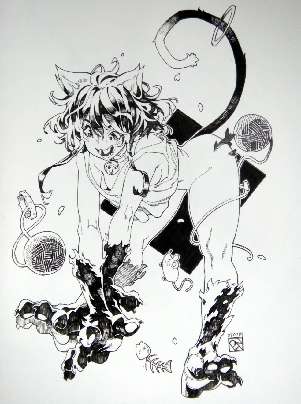 animal_ears animal_hands bell bottomless cat_ears cat_girl cat_tail collar dated fish_skeleton highres jingle_bell monochrome mouse_(animal) neck_bell original poch4n short_hair tail yarn yarn_ball