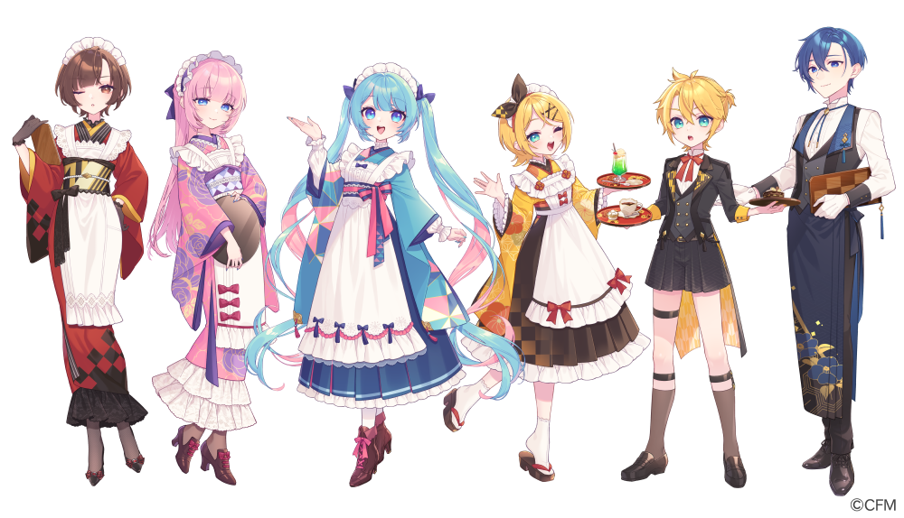 2boys 4girls ;d apron aqua_hair black_vest blonde_hair blue_eyes blue_hair brown_eyes brown_hair brown_shoes brown_socks colored_inner_hair commentary_request copyright_notice dress floral_print floral_print_kimono frilled_dress frills full_body goshi-san hair_between_eyes hatsune_miku holding holding_tray japanese_clothes kagamine_len kagamine_rin kaito_(vocaloid) kimono long_hair maid maid_headdress megurine_luka meiko_(vocaloid) melon_soda multicolored_hair multiple_boys multiple_girls official_art one_eye_closed open_mouth pink_hair pink_kimono ponytail print_kimono red_kimono shirt shoes short_hair short_ponytail smile socks tray twintails two-tone_hair very_long_hair vest vocaloid wa_maid white_apron white_background white_shirt white_socks wide_sleeves
