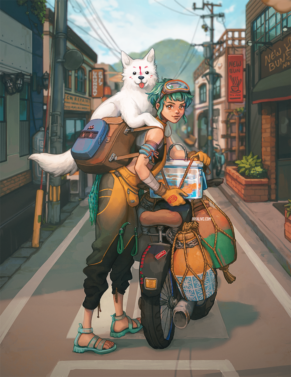 1girl animal animal_on_back aqua_hair aqua_sandals armband artist_name backpack bag bandaged_arm bandages bench bicycle black_pants black_sports_bra blue_armband blue_sky building city cityscape closed_mouth cloud cloudy_sky commentary day diving_mask diving_mask_on_head english_commentary facepaint facing_to_the_side fish fish_tank full_body gloves goggles goggles_on_head goldfish highres holding holding_animal holding_fish ivyalive jug_(bottle) looking_at_viewer motor_vehicle motorcycle mountainous_horizon orange_eyes original outdoors overalls pants planter power_lines road sandals shadow shiba_inu shop short_hair sign sky solo sports_bra street traffic_mirror transformer utility_pole wall_lamp watermark web_address white_dog yellow_gloves yellow_overalls