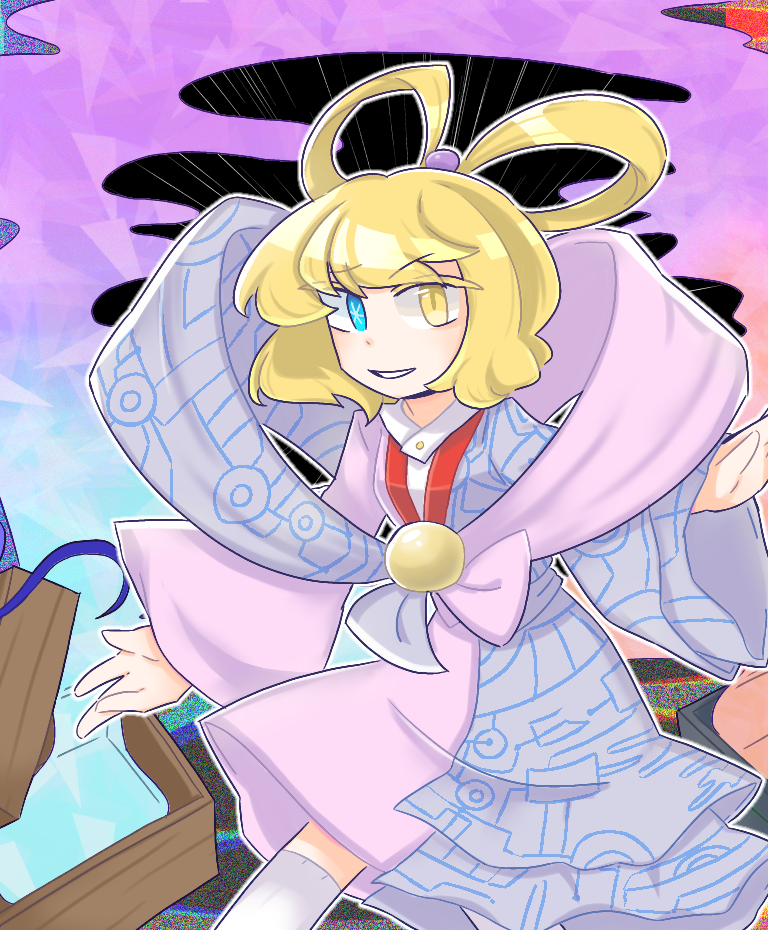 1girl blonde_hair blue_eyes breasts colored_eyelashes commentary cowboy_shot dress hagoromo hair_ribbon heterochromia kanpukuguu_otohime long_sleeves marine_benefit medium_hair multicolored_dress original priswocaer ribbon shawl shirt small_breasts smile solo thighhighs touhou white_shirt white_thighhighs wide_sleeves yellow_eyes