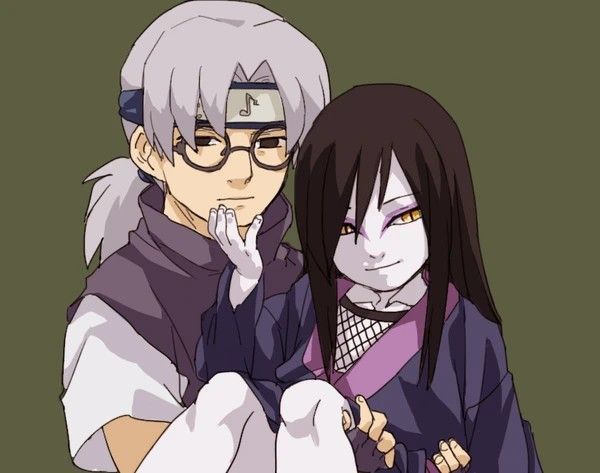 aged_down black_hair eyeliner forehead_protector green_background hair_tied_back hand_on_another&#039;s_chin japanese_clothes kimono kutuyatti lifting_person looking_at_viewer makeup multiple_boys narrowed_eyes naruto_(series) orochimaru_(naruto) pale_skin round_eyewear slit_pupils time_paradox yakushi_kabuto yellow_eyes