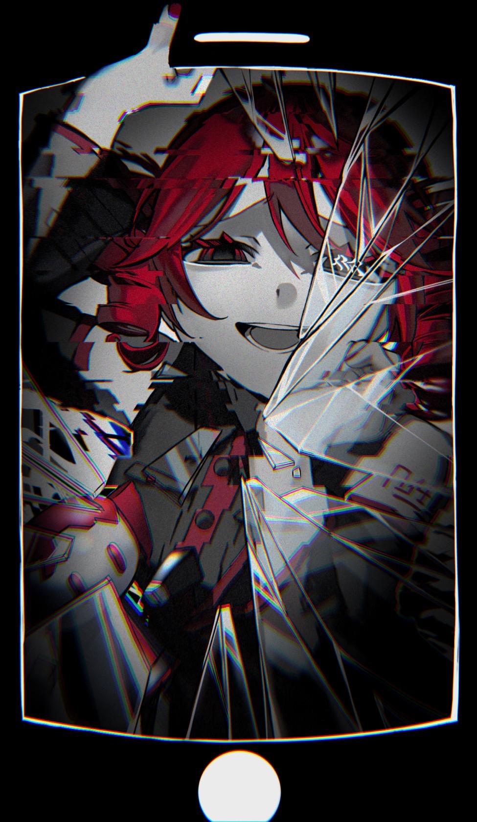 1girl bare_shoulders black_border border broken_glass chibi chibi_inset crack cracked_glass cracked_screen detached_sleeves drill_hair fake_phone_screenshot fake_screenshot fourth_wall glass grey_shirt grey_sleeves highres hito_mania_(utau) icon_(computing) kasane_teto kasane_teto_(utau) nikuta number_tattoo open_mouth partially_colored red_eyes red_hair red_nails shirt shoulder_tattoo sleeveless sleeveless_shirt smile solo tattoo twin_drills utau